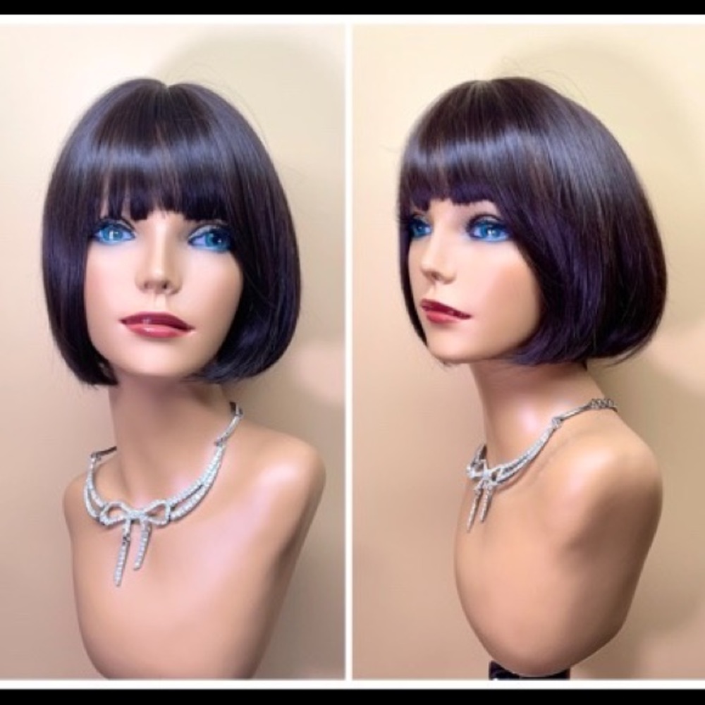 12” black bangs inside roll bob cut short wig
